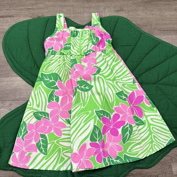 Strawberry Guava Hawaii Girls 5 Green Pink Plumeria Dress - Picture 2 of 4